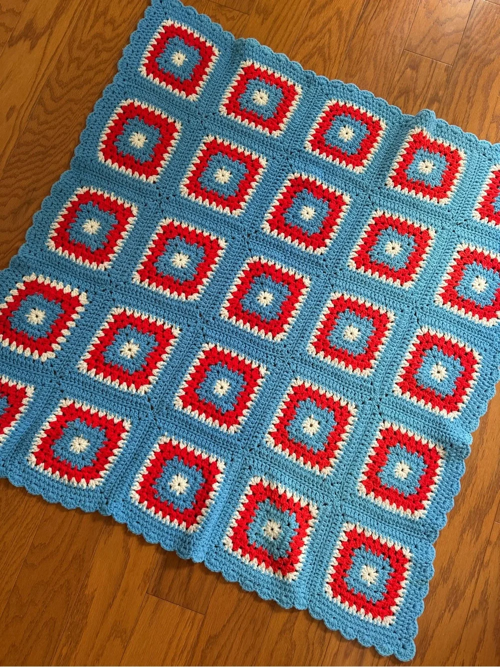 Handmade Crochet Granny Square Blanket Throw in Blue, Red & Cream 5x5